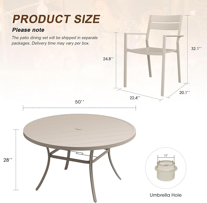 VICLLAX Patio 7 Pieces Outdoor Dining Set, Wrought Iron Metal Outdoor Table and Chairs Set, 50" Round Table with Umbrella Hole and 8 Stackable Chairs for Lawn, Garden, Porch, Sandshell