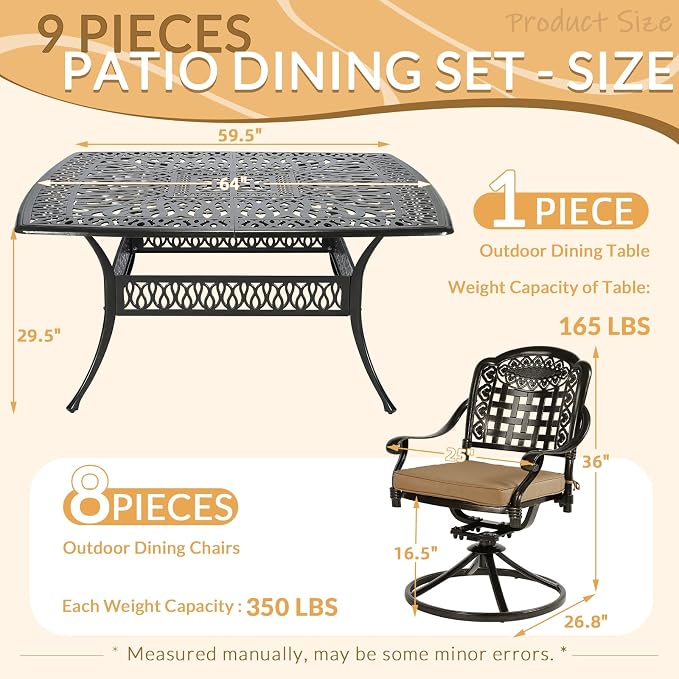 9 Piece Outdoor Patio Dining Set for 8, Cast Aluminium Large Square Dining Table & 8 Swivel Rocker Chairs with Removable Cushions, Umbrella Hole, Patio Furniture Set for Garden, Khaki