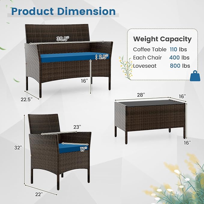 HAPPYGRILL 4 Pieces Outdoor Rattan Conversation Set, Patio Wicker Furniture Set with Loveseat Chairs & Tempered Glass Coffee Table, Outside Sectional Sofa Set for Backyard Garden Poolside, Blue