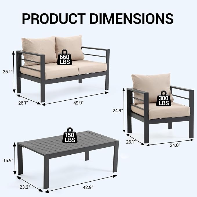 4-Piece All-Weather Metal Patio Furniture Set, Sectional Conversation Sofa w/Coffee Table, Heavy Duty Steel Frame & Washable Cushions for Backyard Garden (Khaki, Furniture Set（Straight）)