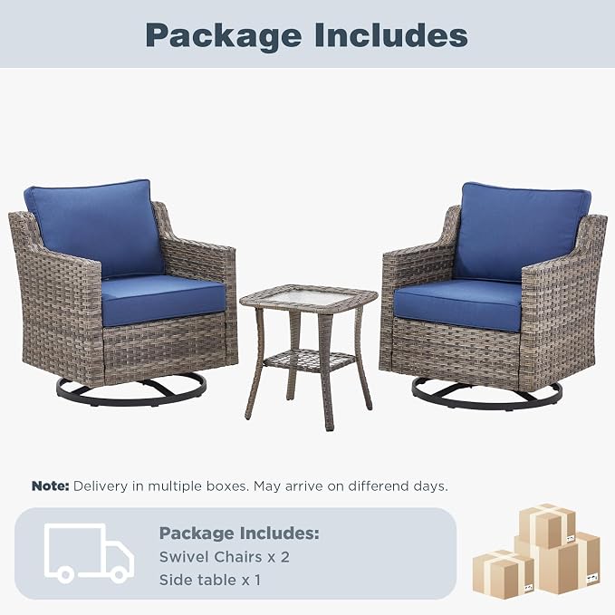 Belord Patio Wicker Swivel Rocker Patio Chairs with Side Table, Outdoor Rattan Chairs for Deck Porch Garden, 3 Piece Luxury Patio Furniture Set, Blue