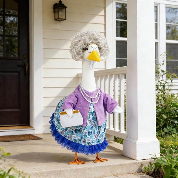 Old Lady Porch Goose Outfits Grandma Goose Clothes Glasses Curly Wig Floral Print Dress Cardign and Pearl Necklace,23'' Geese Statue Outdoor Patio Yard Lawn Decoration (Purple B)