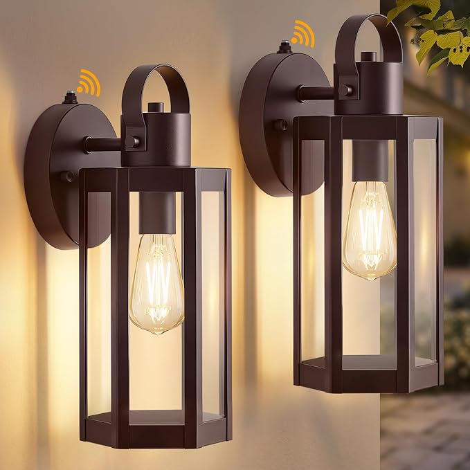 EJIAXIN 2 Pack Dusk to Dawn Outdoor Lighting Fixtures,Brown Porch Lights | 13" Waterproof outdoor lights for house, Clear Glass, Modern Outdoor Lights for House for Patio Front Door Entryway Garage