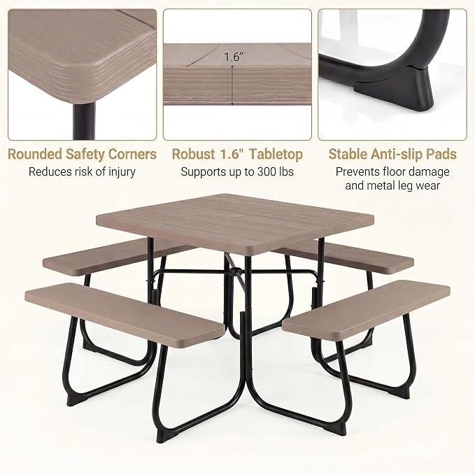 HAPPYGRILL 4-8 Person Square Picnic Table Bench Set with Umbrella Hole, Outdoor Camping Table with HDPE Material and Sturdy Metal Frame for Patio, Garden and Backyard