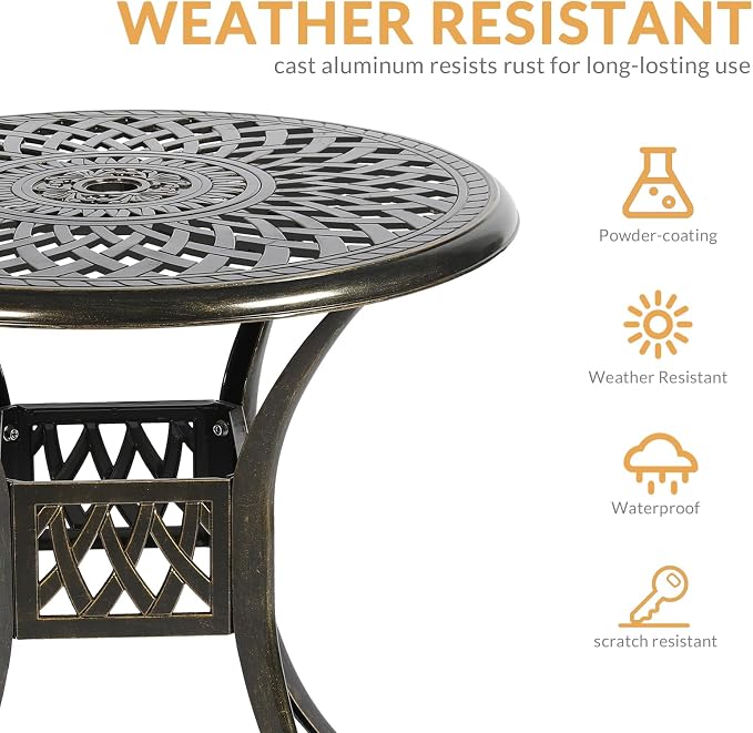 3-Piece Outdoor Patio Dining Set, All-Weather Cast Aluminum Patio Furniture Set for Backyard Garden Deck with 2 Cushioned Chairs and 31” Round Table, 2" Umbrella Hole, Chili Red
