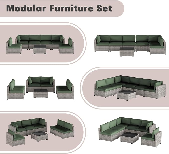 Patio Furniture Set 7 Pieces Conversation Set Wicker Outdoor Sectional Sofa,Ergonomic Armrests Couch with Cushion and Glass Table (Grey White-Green, 7 Piece-Single)