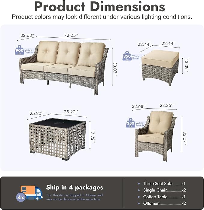 6 PCS Patio Furniture Set, Deep Seat High Back Outdoor Conversation Set with Ottomans, Wicker Outside Furniture with Solar Light Coffee Table for Porch Backyard Balcony, Sunroom, Beige