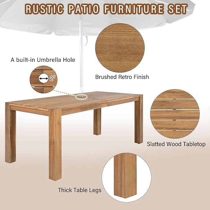 Merax Outdoor Patio Dining Table Set, 7-Piece Outdoor Dining Table Sets with Umbrella Hole Cut-Out Table and 6 Chairs with Removable Cushion, Acacia Wood Dining Sets Outdoor Furniture Set, Light Teak