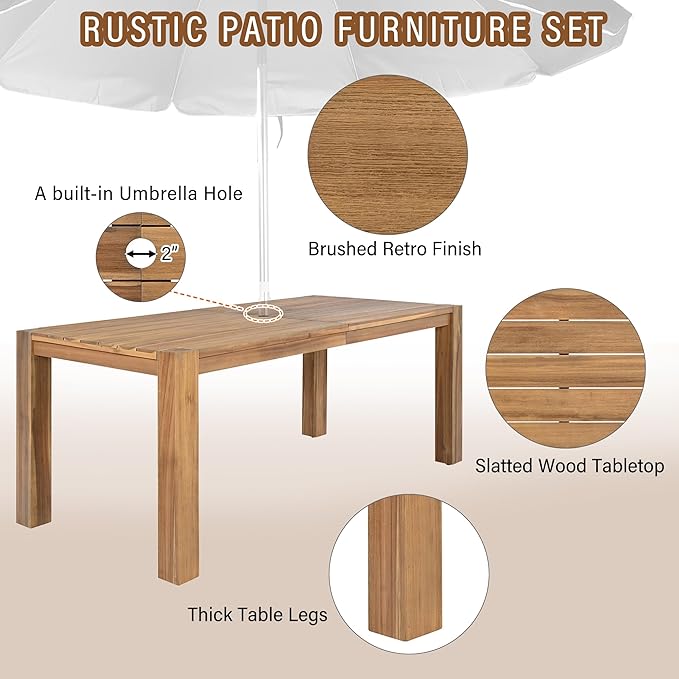 Rustic 7 Piece Patio Table and Chairs Set, Outdoor Dining Set for 6 with Umbrella Hole and Removable Cushion,for Garden Backyard Lawn Poolside (Light Teak#X)