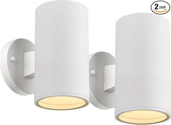 Ken & Ricky Modern Aluminum Outdoor Wall Sconce Lights,Cylinder，White,2 PK | Downward Outside Wall Light With Glass Cover,No Glare Exterior Lighting Fixtures,For House Front Porch Garage Patio Entryway