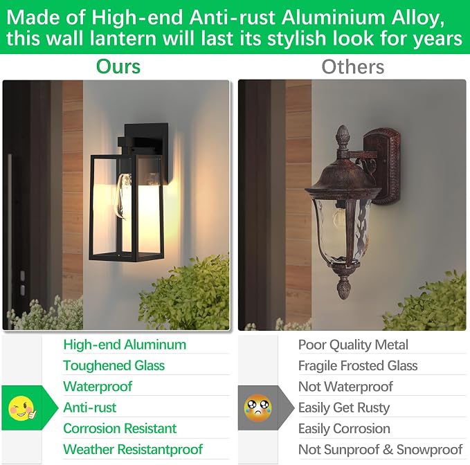 MAXvolador Outdoor Wall Sconce, Large Exterior Waterproof Wall Lantern Light Fixture, Black Porch Lights Glass, Anti-Rust E26 Patio Lighting, 2 Pack | Large Black Porch Wall Lights, Anti-Rust, E26 Socket, Clear Glass Outside Wall Mount Sconces, Front D...