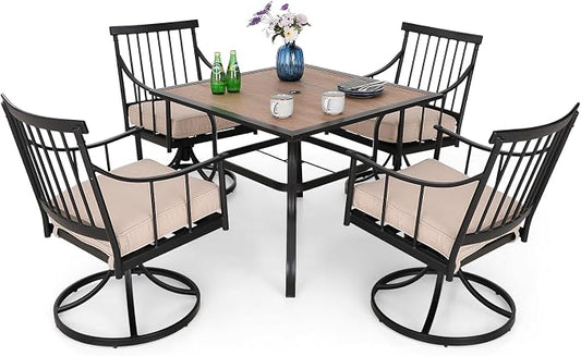 MFSTUDIO 5-Piece Patio Dining Set, Swivel Metal Chairs, Umbrella Hole | 37" Square Wood-Look Metal Table, Removable Cushions