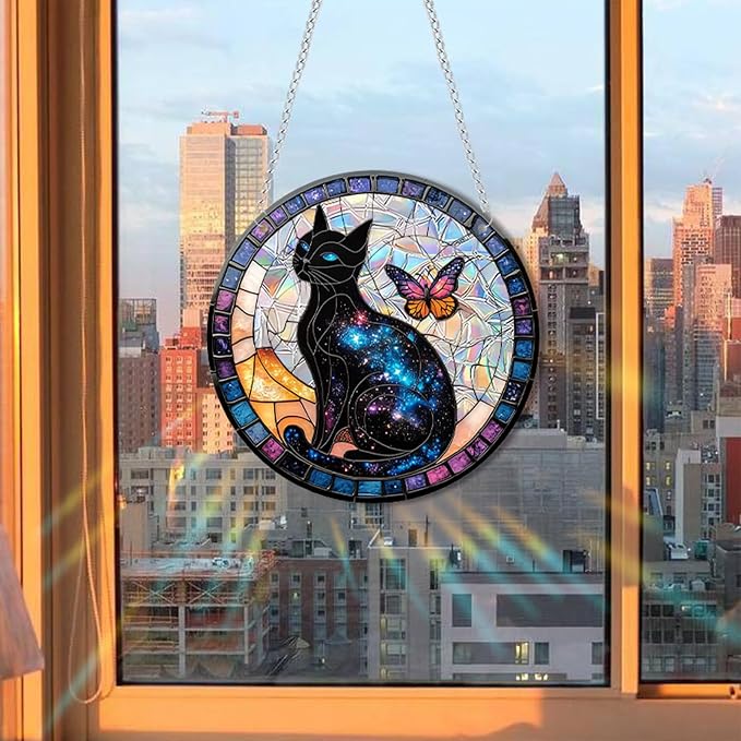 Acrylic Suncatcher Window Hanging, Black Cat Sun Catcher Rainbow Indoor Window Decoration for Living Room Bedroom Summer Home Balcony Ornaments, 7.87 inches