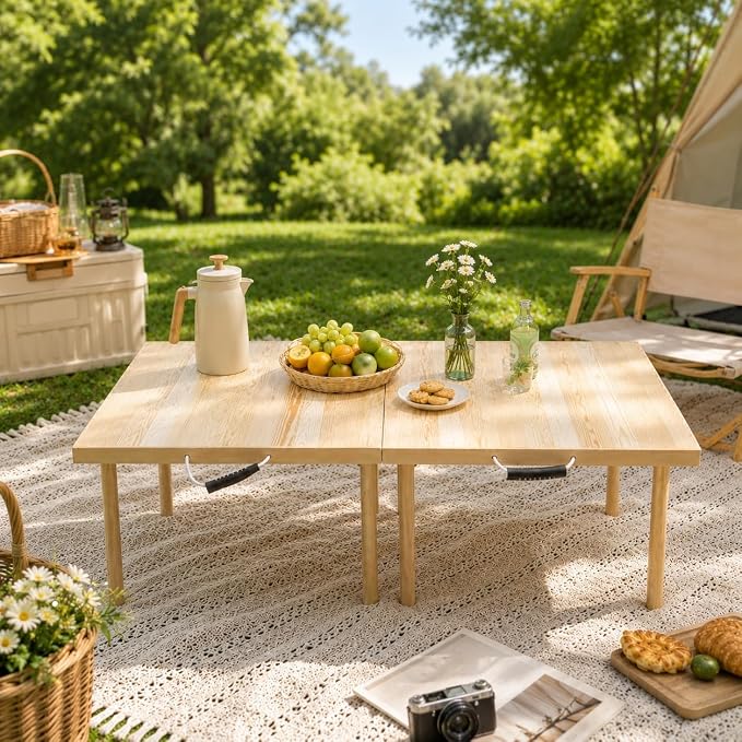 48"x24" Boho Wooden Picnic Table, Portable Wood Picnic Desk,Solid Wood Picnic Table, Boho Low Picnic Floor Desk for Beach, Camping, Backyard, Floor Seating