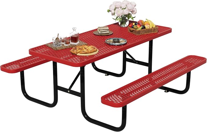 6FT Rectangular Steel Outdoor Picnic Table, Commercial Picnic Table Bench Set with Umbrella Hole, Weather-Resistant Heavy Duty School Dining Table for Stores, Park, Patio, Garden, Backyard, Red