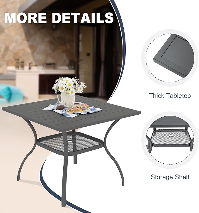 VICLLAX 5 Pieces Outdoor Dining Set, Patio Furniture Set Includes 38" Square Metal Table W/ 1.9" Umbrella Hole and 4 Padded Textilene Swivel Chairs for Porch, Lawn, Garden, Backyard