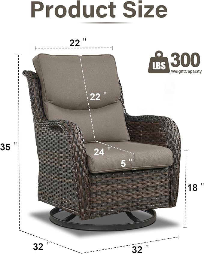 Swivel Patio Chairs Set of 2 with 5" Thick Cushion - Wicker Outdoor Swivel Rocker Patio Chairs, High Back Comfortable Outdoor Glider Chair for Balcony, Porch, Deck, Poolside - Brown-Gray