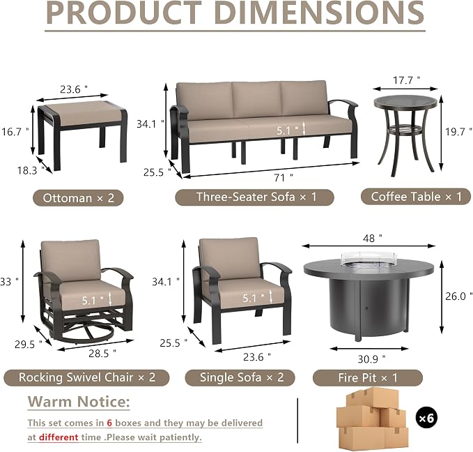 ALAULM Aluminum Patio Furniture Set with Coffee Table Rectangular, 5-seat Outdoor Sectional Furniture w/2 Swivel Chairs, Patio Conversation Set for Porch, Backyard, Sand
