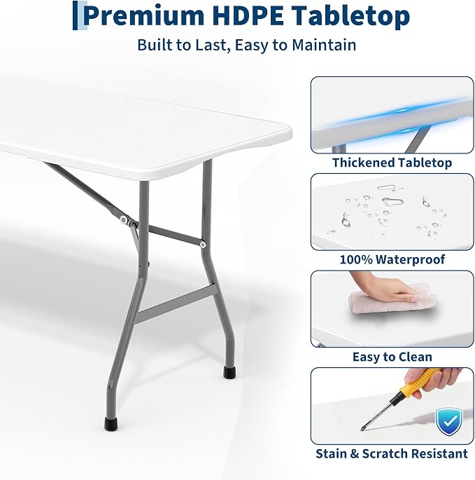 Garvee 6FT Portable Folding Table 2 Pack, HDPE Plastic Foldable Table with Carry Handle for Camping, Parties, Picnic & Events Indoor Outdoor, White