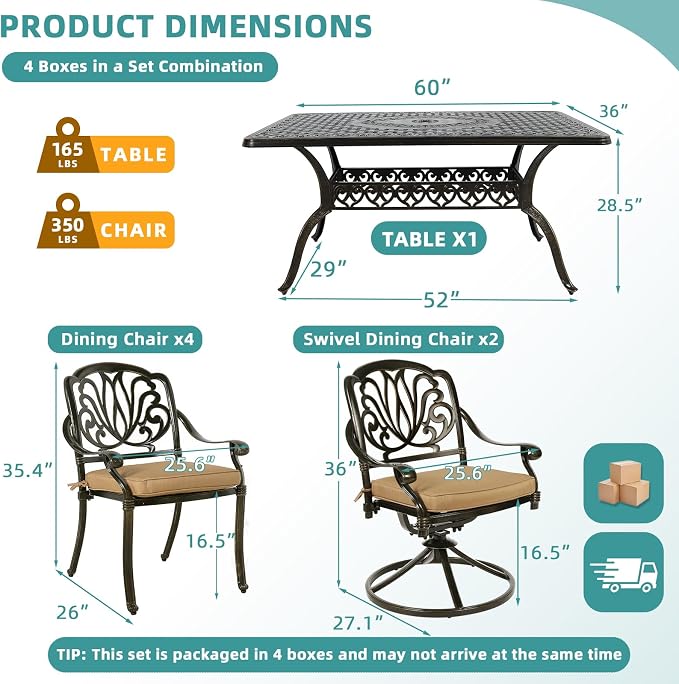 MEETWARM 7-Piece Outdoor Patio Dining Set, All-Weather Cast Aluminum Patio Conversation Set with 2 Swivel Rocker Chairs, 4 Stationary, 1 Rectangular Table, 6 Cushions, 2" Umbrella Hole