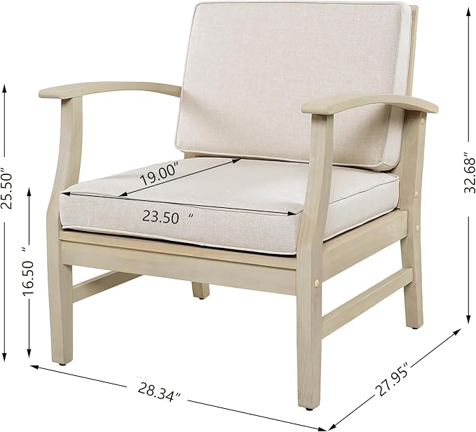 Christopher Knight Home Alex Acacia Wood Outdoor Patio Furniture Set for 6, Patio Sofa Set with Cushions, Patio Conversation Set with Sectional Sofa+Club Chairs and Coffee Table, Light White+Sand