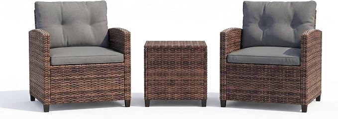 Garvee 3 Piece PE Rattan Patio Furniture Set, Outdoor Chairs and Table Set with Tempered Glass Tabletop and Cushions, Patio Conversation Set for Patio, Balcony, Poolside, Brown and Grey