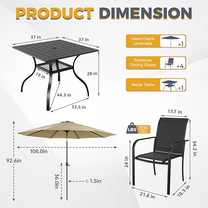 SUNCROWN 6 - Piece Outdoor Dining Set, Patio Furniture Set with 4 Textilene Dinning Chairs, 1 Steel Slat Metal Bistro Table and 1 Brown 9Ft Patio Umbrella for Lawn Garden Backyard Deck, Black