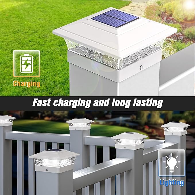 Solar Post Cap Lights Outdoor 6pack, Waterproof Fence Post Lights with 16 Ultra Bright LEDs Fit 4x4/5x5/6x6 Wood/Vinyl Posts, White Deck Post Lights with Warm/Cool White for Garden, Patio, Porch, Yard