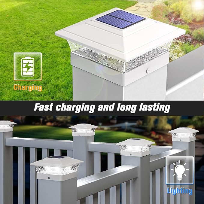 Solar Post Cap Lights Outdoor 12pack, Waterproof Fence Post Lights with 16 Ultra Bright LEDs Fit 4x4/5x5/6x6 Wood/Vinyl Posts, White Deck Post Lights with Warm/Cool White for Garden Patio Porch Yard