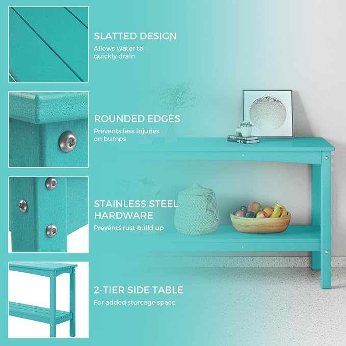 Costaelm Adirondack Outdoor Side Table, 55” HDPE Small Outside Table with Storage Shelf, Weather Resistant Plant Shelf, Outdoor Coffee Table and Buffet Table for Pool & Yard, Turquoise