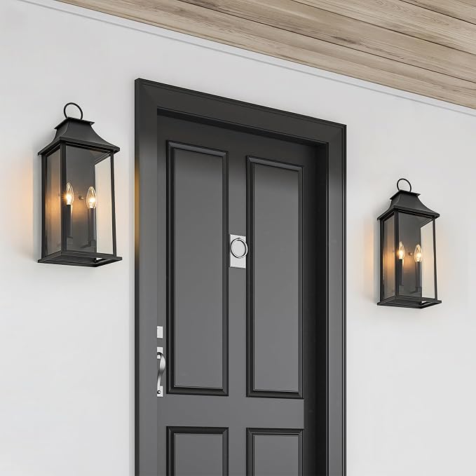 Outdoor Wall Lights, Dusk to Dawn Waterproof Outside Wall Sconce | Large Modern Wall Fixture with Glass, Exterior Lamp for House, Porch, Garage, 2-Light (20.6 Inch, Black)