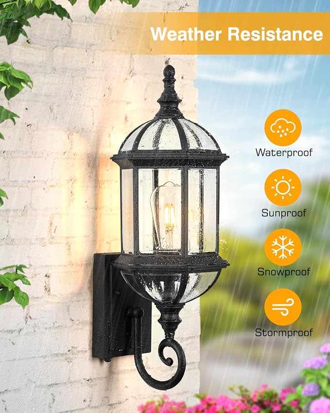VIANIS 22" Large Porch Lights Outdoor, Black Dusk to Dawn Outdoor Lighting, Anti-Rust Exterior Lighting fixtures with Tempered Beveled Glass, Outdoor Lights for House, Patio, Two Mounting Options