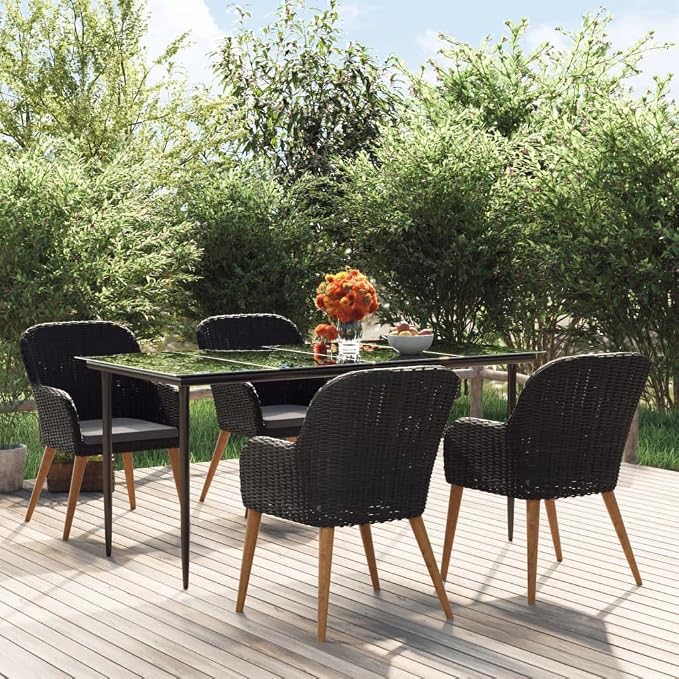 5 Piece Patio Dining Set with Cushions, Outdoor Garden Table and Chairs for Backyard and Deck, Solid Acacia Wood and Tempered Glass Dining Set, Black