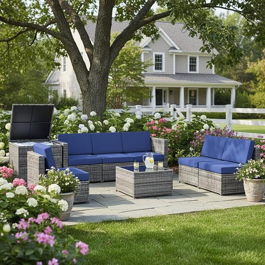 Tangkula 8 Pieces Wicker Patio Furniture Set with Storage Deck Box, PE Rattan Outdoor Sectional Sofa Conversation Set with Coffee Table & Cushions, Outside Furniture for Garden Yard Poolside (Navy)