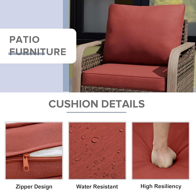 COOS BAY Modern Wicker Outdoor Furniture Set, 6 Piece Patio Conversation Set with 2 Patio Chairs, a 3 Seat Couch, 2 Ottomans and Coffee Table, 6 Piece, Brown/Red