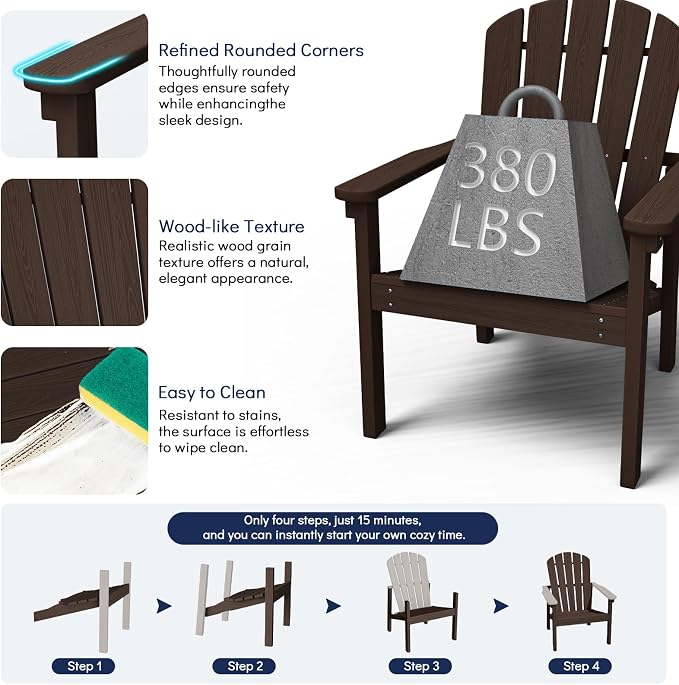 nevilywood Compact Stackable Adirondack Chair,All Weather HDPE,380lb.Coffee | 26.3" Wide HDPE.All-Weather Outdoor.Maintenance-Free.Stackable for Storage.25°Curved Straight Backrest.Quick Assembly