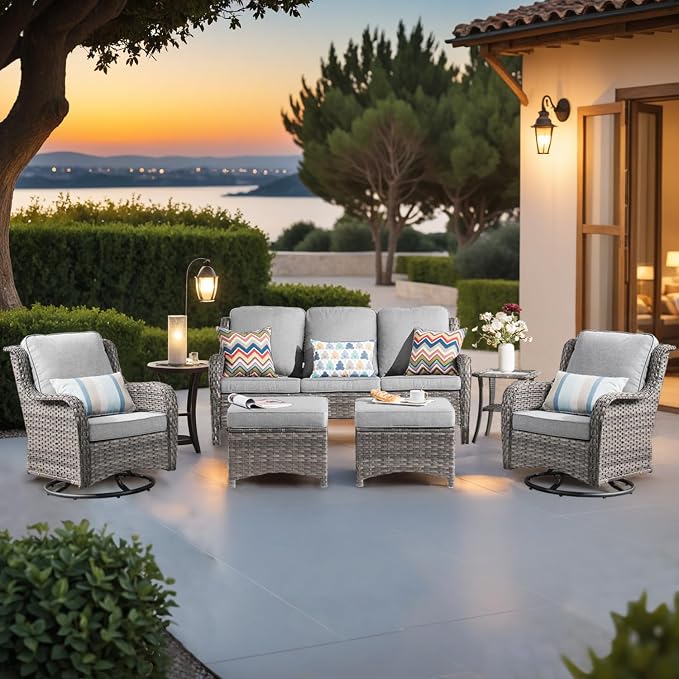 ovios 6-Pieces Patio Furniture Set, Outdoor Wicker Sofa Couch with Swivel Glider Chairs Comfy Cushions, High Back Modern Conversation Set, Grey Rattan, Grey