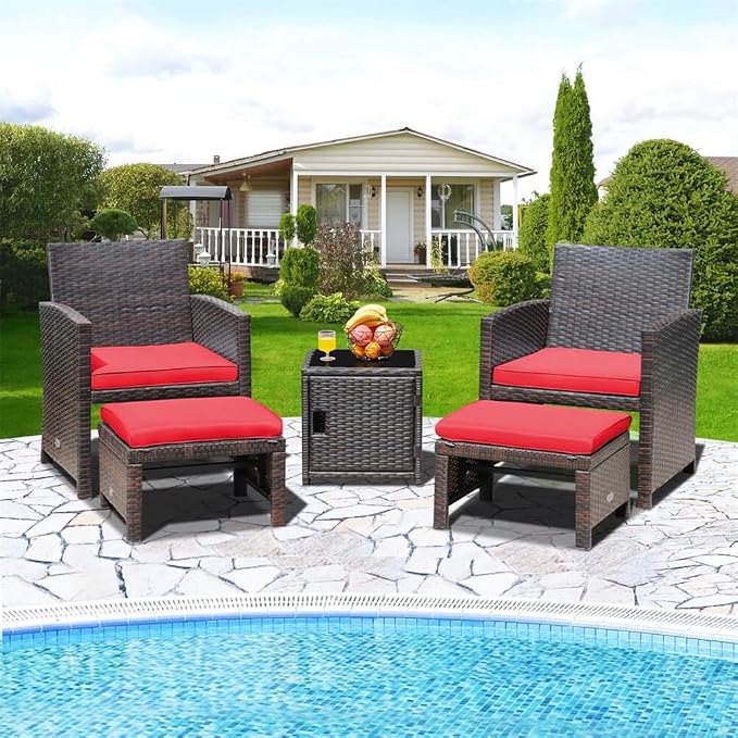 5PCS Patio Rattan Furniture Set Chair Ottoman Cushioned W/Cover Space Saving Red