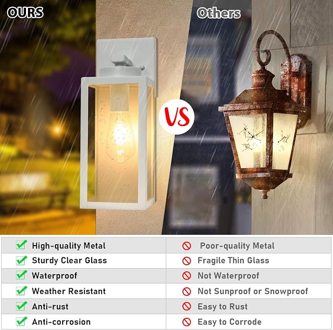 BesLowe Outdoor Wall Light Fixtures, White Exterior Wall Lanterns | Waterproof Metal Construction, Rust-resistant, Quick & Easy Installation, Clear Glass Shades & Standard E26 Socket