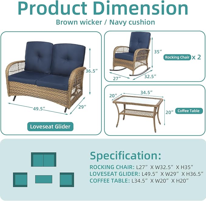 MEETWARM 4 Pieces Outdoor Wicker Patio Conversation Sets with Glider Loveseat, 2 Chairs with Glass-Top Coffee Table Rocking Chair Set, Wicker Conversation Set w/Thickened Cushions, Navy Blue