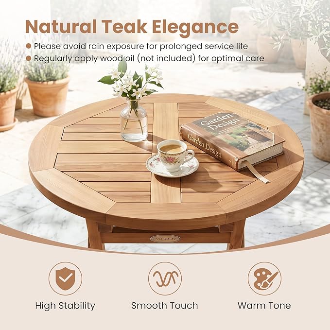 Tangkula 24-Inch Teak Wood Folding Outdoor Table, Round Patio Table with Sturdy X-Frame, Space Saving Outside Bistro Table for Deck, Porch, Poolside, Balcony & Garden