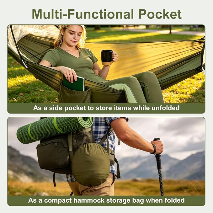 Camping Hammock with Mosquito Net, 3 in 1 Portable Hammock Tent 440lbs Capacity Attached Storage Pocket Single Nylon Hammock Set for Outdoor Travel Camping Hiking Backpacking (Army Green)