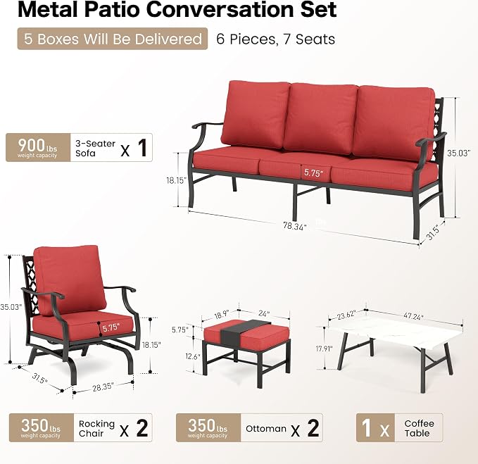 SUNSHINE VALLEY 6 Piece Metal Outdoor Patio Furniture Set, Patio Conversation Set 1 3-Seater Sofa, 2 Rocking Chair, 2 Ottomans with 5.75" Thick Cushion and Coffee Table, Black Backyard Furniture, Red