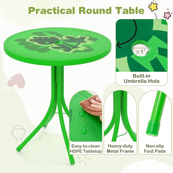 KOTEK Kids Picnic Table with Umbrella, Outdoor Table & 2 Folding Chairs, Cute Pattern Children’s Patio Furniture, Portable Kids Table and Chair Set for Backyard, Garden, Beach (Bright Green)
