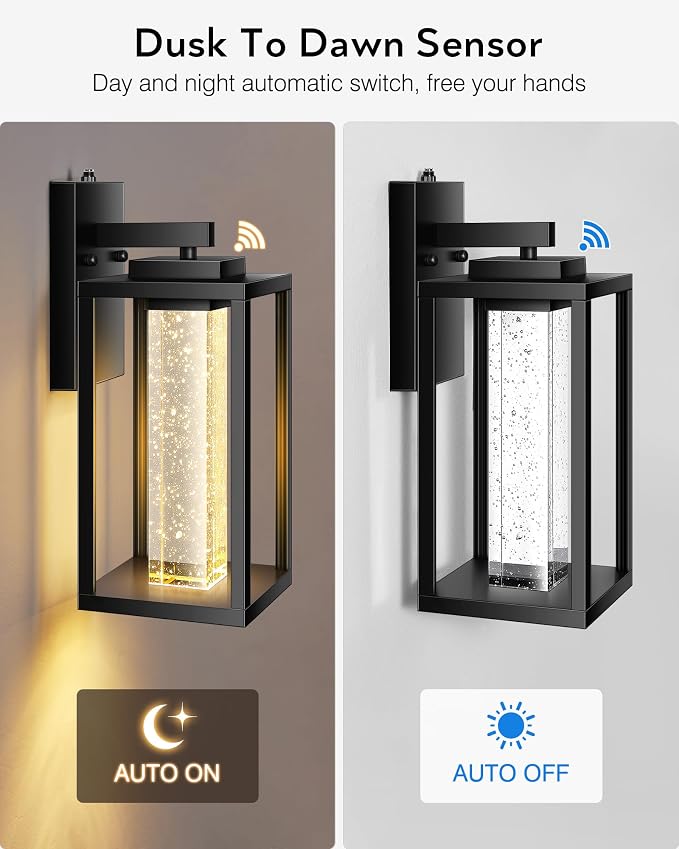 VIANIS Large Exterior Lighting Fixtures Wall Mount for House, Black Dusk to Dawn Porch Lights Outdoor with Integrated 10W LED Light Source Crystal Bubble Glass, 2 Packs Outdoor Wall Sconces Lantern