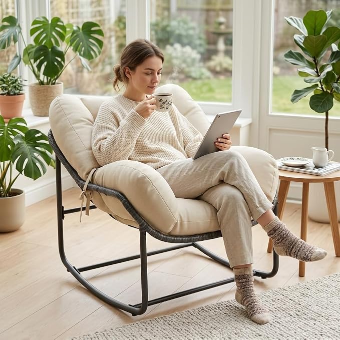 GarveeLife Outdoor Lounge Rocking Chair, Iron Frame Patio Rocker Chair with Cushion, Beige Relaxing Chair for Patio, Garden, Balcony