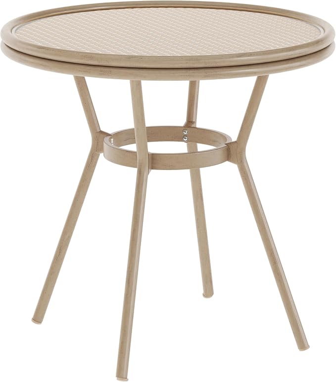 EMMA + OLIVER Colmar Indoor/Outdoor Bistro Table - Natural & White Woven PE Rattan Pattern - Tempered Glass Top - Light Bamboo Finish Metal Frame - 31.5 in.