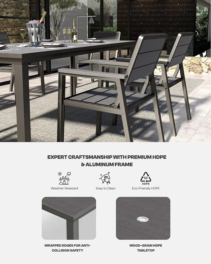 7 Pieces Outdoor Dining Set for 6, Patio Table and Chairs with Umbrella Hole, Aluminum & HDPE Weather-Resistant Furniture for Lawn, Garden, Porch, Balcony, Poolside (Grey)