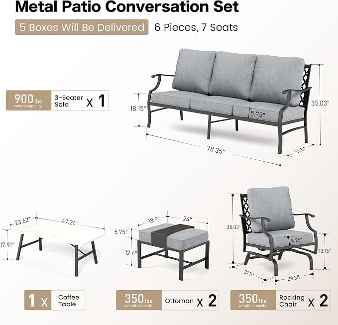 SUNSHINE VALLEY 6 Piece Metal Outdoor Patio Furniture Set, Patio Conversation Set 1 3-seater Sofa, 2 Rocking Chair, 2 Ottomans with 5.75" Thick Cushion and Coffee Table, Black Backyard Furniture, Gray
