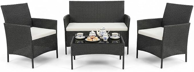 4 Piece Patio Furniture Set, Outdoor Deck Rattan Chair Wicker Combo Furniture, All Weather Dialogue Rattan Sofa with Upholstery and Glass Table for Garden, Backyard, Porch, Lawn, Pool, Black+White